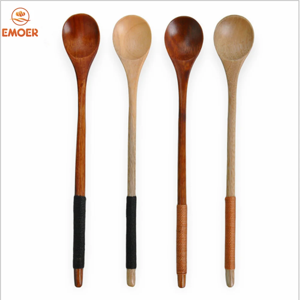 Long handle creative wooden tie thread stirring wooden spoon Japanese coffee spoon honey wooden spoon