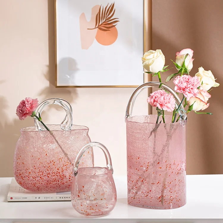 Bixuan Mouth-blown Art Glass Vase Handbag Bucket Flower Arrangement Vase Table Decor Centerpiece Pink Ceramic Powder Glass Vases