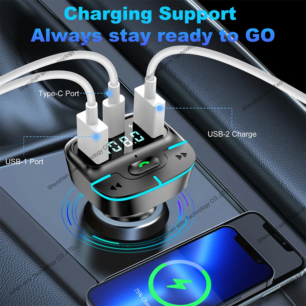 simr 20W Handsfree Bluetooth 5.3 Modulator Car Charger 2.4A Dual USB type C Adapter Car MP3 Player Wireless radio fm transmitter