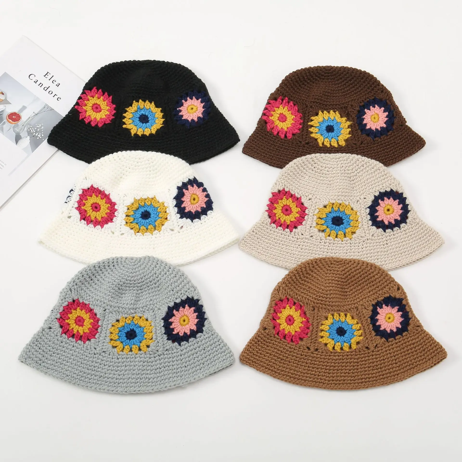 Custom Knitted Bucket Hat Summer Winter Women Flower Dome Casual Hats Hand Crocheted Fisherman bucket Cap
