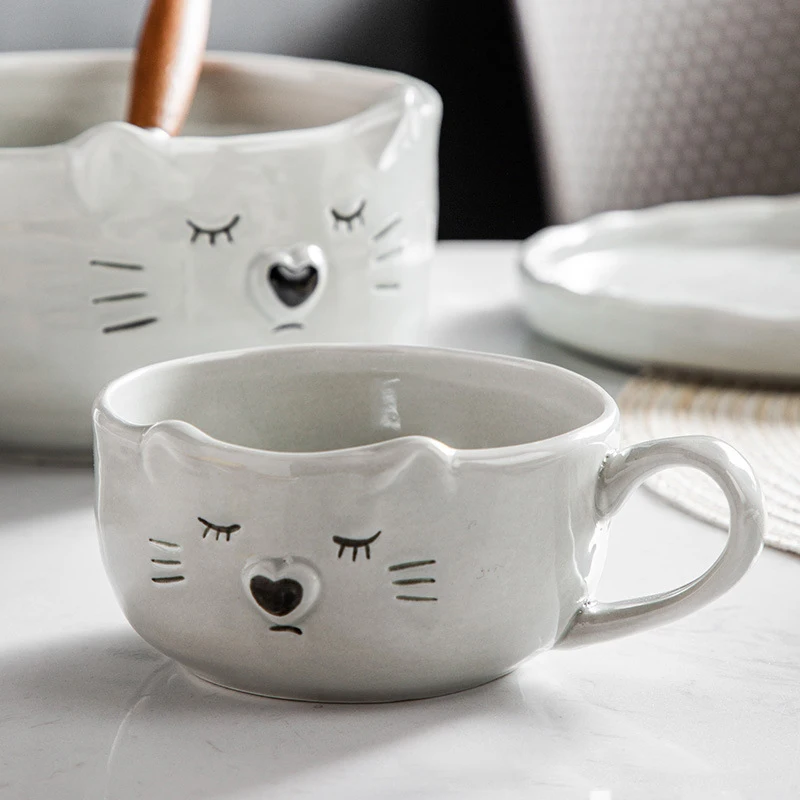 HCJ110 Korean cute dishes and kittens ceramic household tableware set Japanese creative cartoon ceramic dinnerware  set