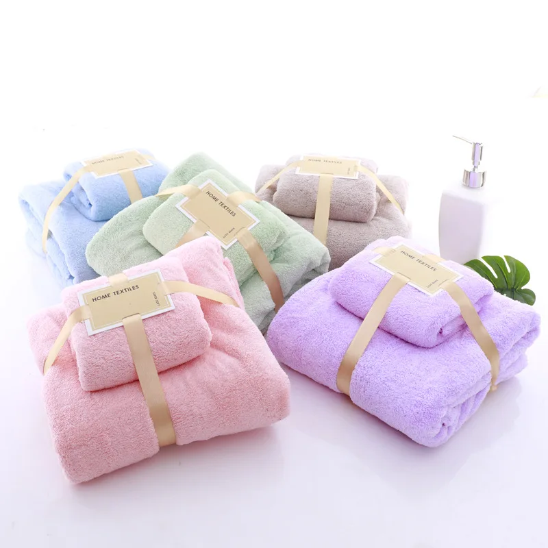 Wholesale Solid Color Quick Drying Lightweight Bathroom Face Towel And Bath Towel Coral Fleece Towel Set