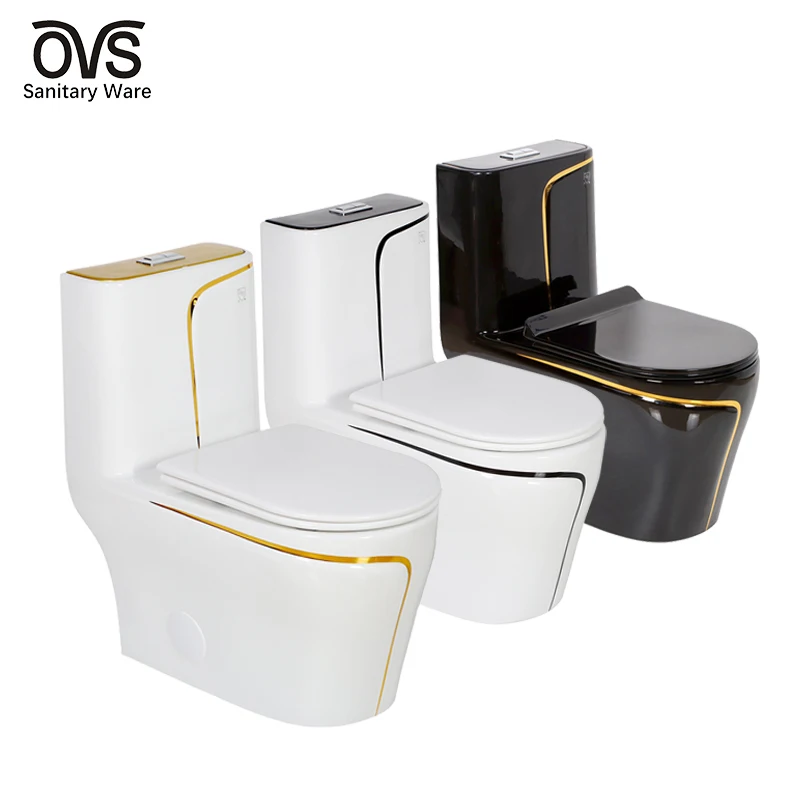 Ovs luxury design floor mounted p-trap wc white black gold line water closet bathroom ceramic wash down one piece toilet bowl