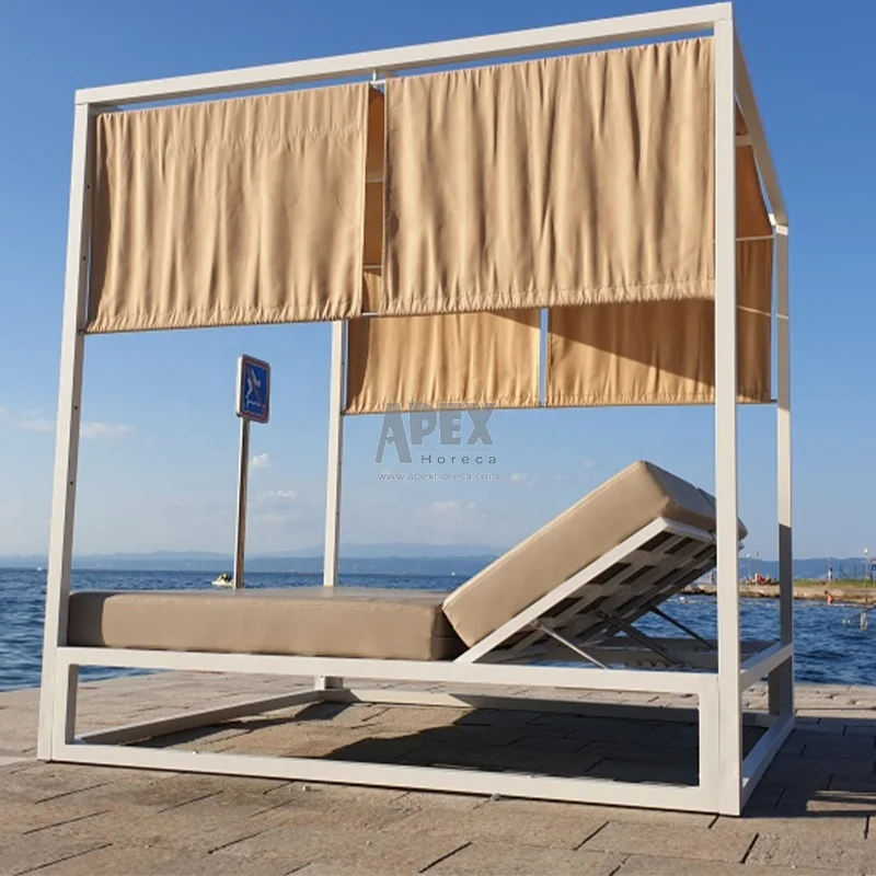 Modern Garden Gazebo Adjustable Acacia Wood Daybed Outdoor Furniture Sun bed lounger with Curtains