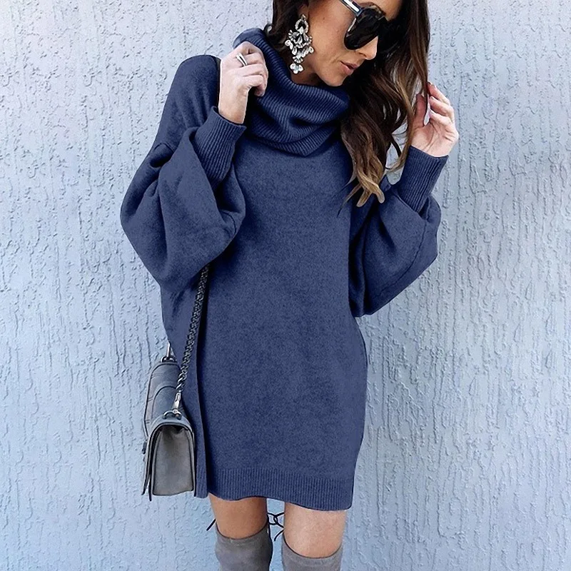 Solid  turtleneck long sleeve sweater dress women autumn winter loose tunic knit pullovers sweater casual knitted dress