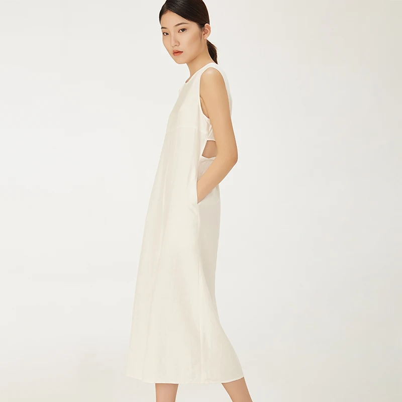 Cotton linen backless blancos vestidos solid color sleeveless casual dresses summer beach white maxi dress for women