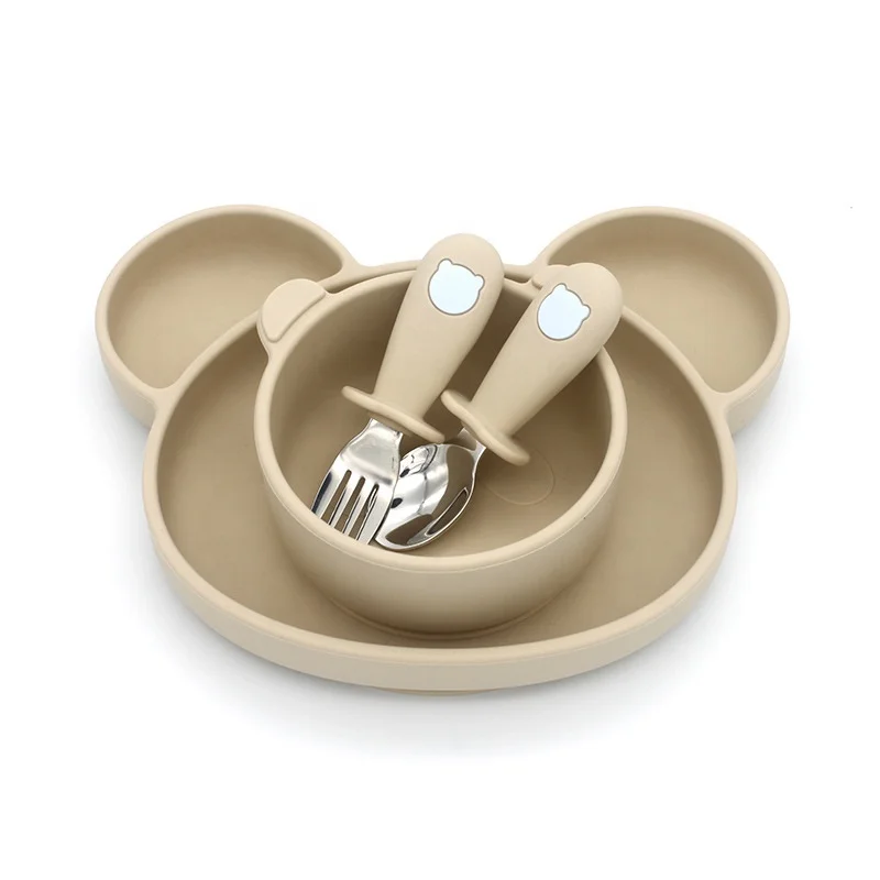 BPA Free Kids Tableware Silicone Feeding Set Supplies Silicone Bib Spoon Suction Unspillable Bowl Baby
