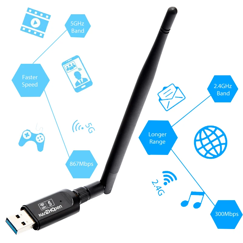 Dual Band 1200Mbps 2.4G&5.8G Realtek rtl8812 5dBi Antena Usb Wifi Adapter For PC