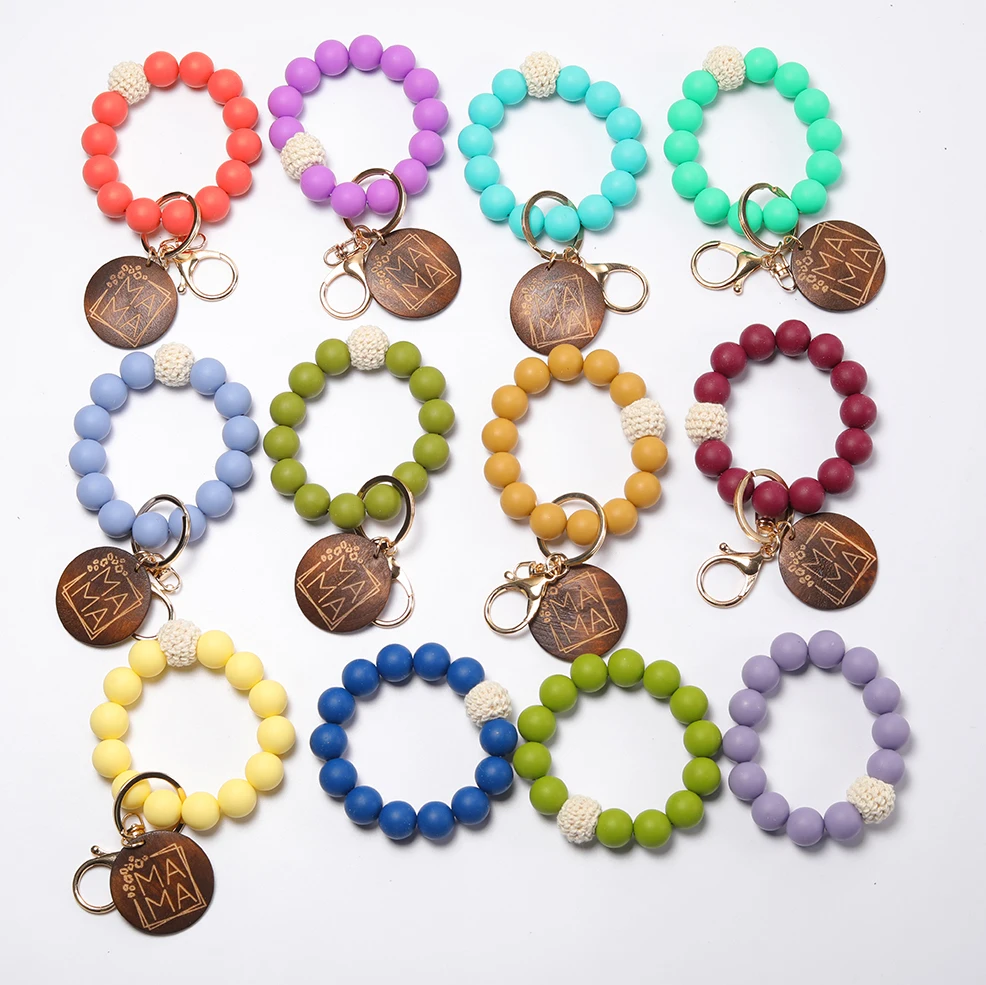 2023 Custom Vintage Wooden Disc Monogram MAMA Keychain Silicone Beaded Wristlet Keyring Mom Gift