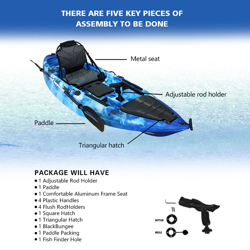 AHK18 Single-Seater Pedal Kayak LLDPE Plastic Canoe with Foot Pedal Drive for Fishing on Lakes 3m Length