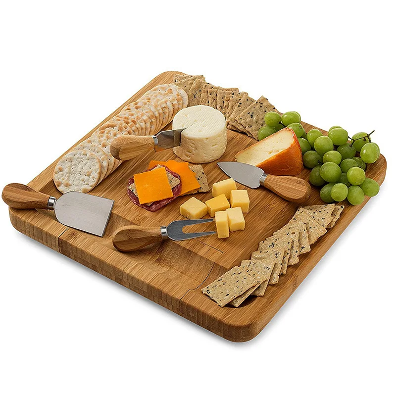 Wholesale square bamboo cutting cheese charcuterie wine board with 2 drawers cheese knives tools cutlery set for appetizers