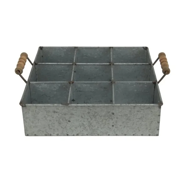 Antique Design Galvanized Tool Caddy Home And Garden With Wooden Handle Simple Design Shelving Unit Kitchen Utensils Caddy