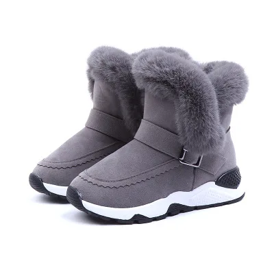 Drop Shipping Winter Kids Snow Boots Girls Thicken Plush Buckle Ankle Boots PU Leather Cotton Shoes Big Children Fur Boots