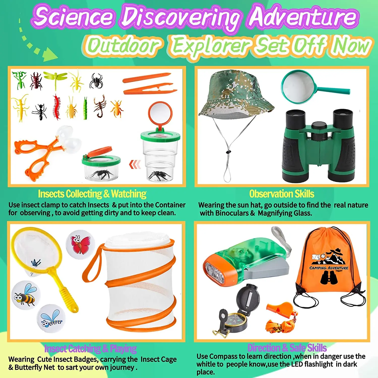 Outdoor Exploration Kit for Kids Binoculars Flashlight Compass Whistle Magnifying Glass Backpack Educational and Pretend Play