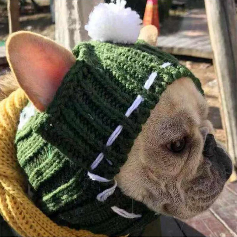 Pet French Bulldog hat colorful cute hat custom woven label winter knitted beanie hat with ball pet dog accessories plush puppy
