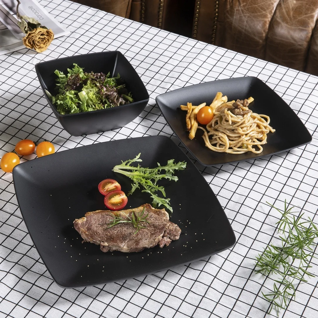 Wholesale Restaurant Square Black Japan Sushi Outdoor Food Grade Melamine Dinnerware Set Plates And Bowls Set For 4