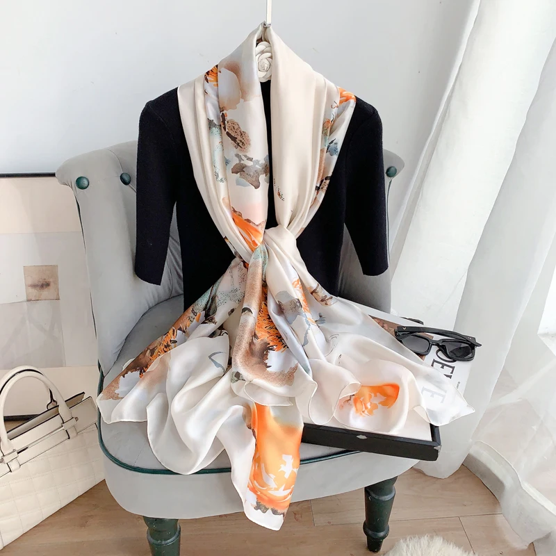 High Quality 90*180 cm Satin Silk Long Scarf for Women Luxury Printed Custom Long Hijab Shawls