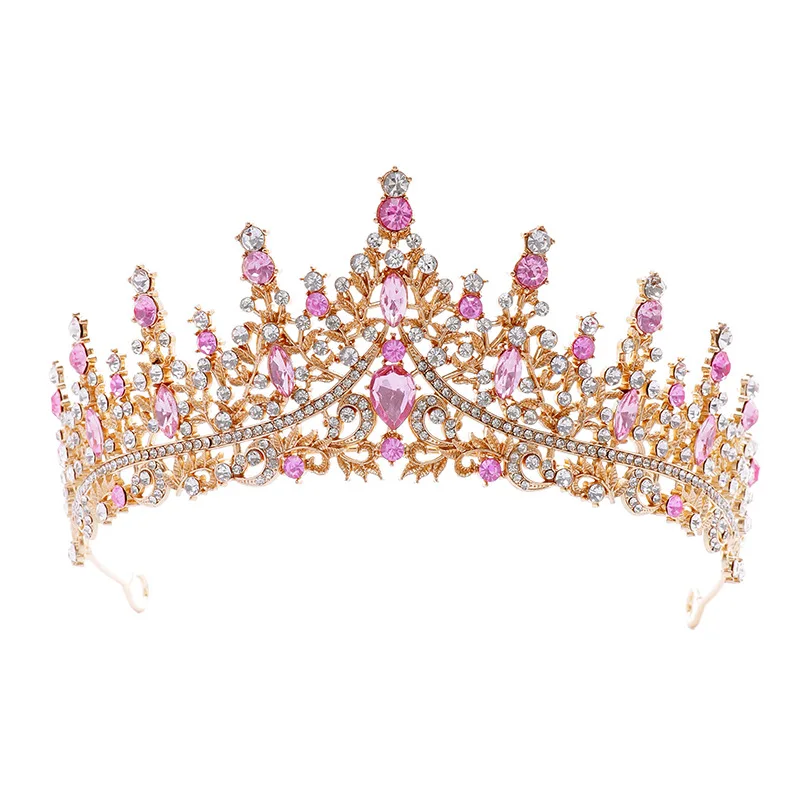 Wedding bride Tiara Main Wedding dress Birthday hair accessories Pink diamond retro luxury necklace earrings three piece set