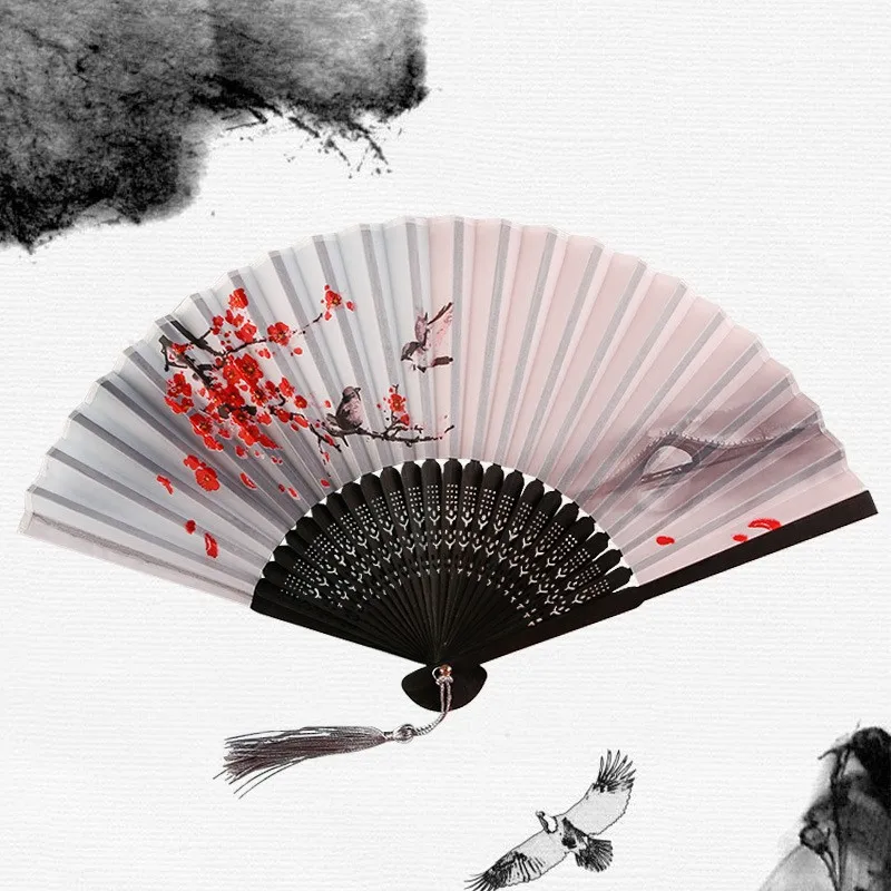 Vintage Chinese Japanese Fabric Floral Spun Silk Flower Printing Hand Fan Folding Hollow Carved Hand Fan Party Wedding Hand Fan