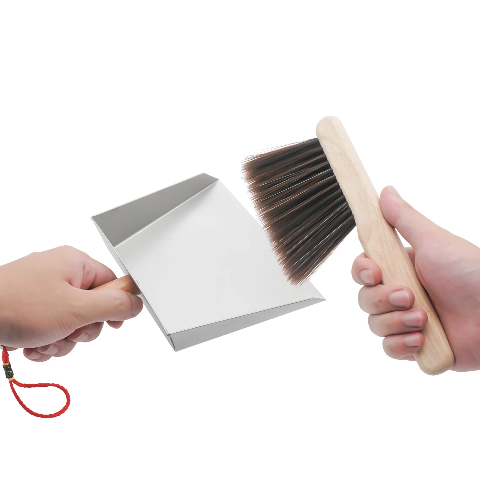 Handheld Comfort Grip metal Dustpan and Wooden Brush Set - Hand Broom with Swiss Natural Horsehair Bristles Compact Design