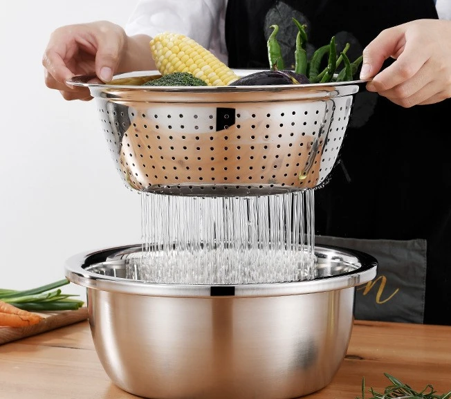 Multifunctional 3pcs Stainless Steel Colander Mixing Bowls Grater Set Washing Basin for Vegetable
