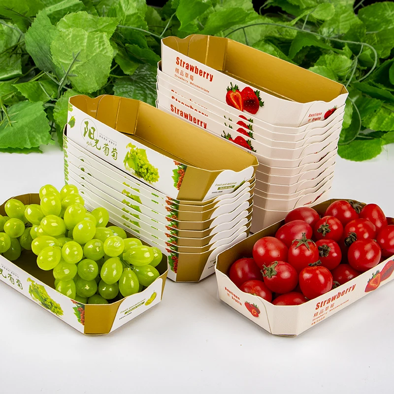 Eco Friendly Golden Boat Shape Cardboard Cherry Blueberry Tomato Strawberry Fruit Packaging Box Disposable Paper Food Tray
