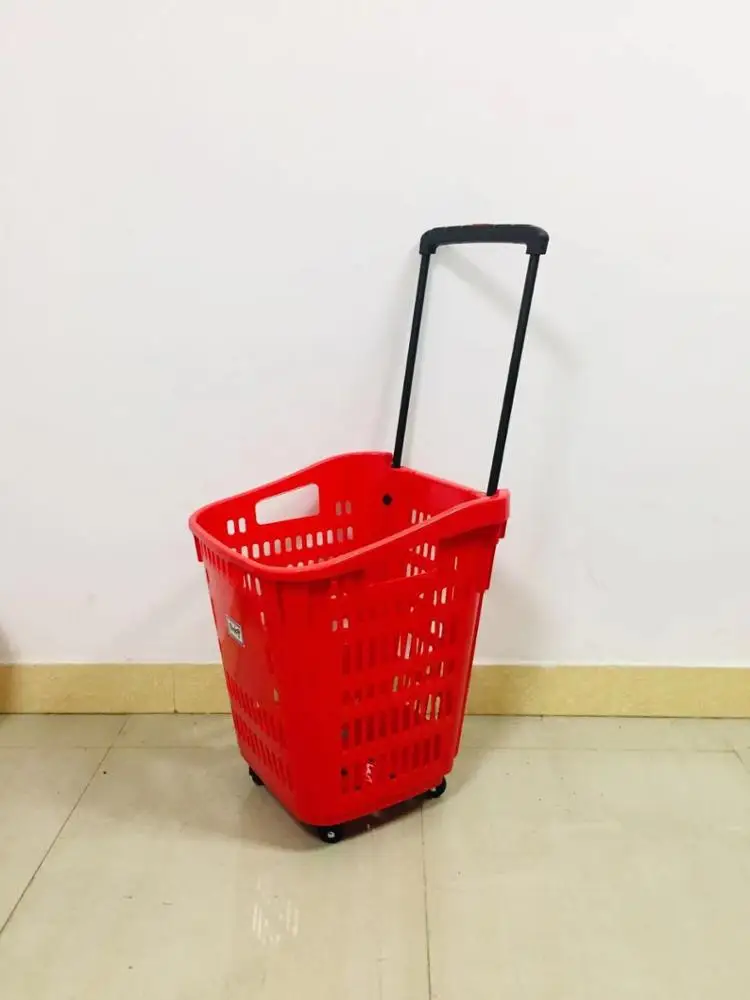 MOQ 20 PCS Big Size Folding Handle 55L Supermarket Plastic Shopping Basket,  4 Wheels Plastic Trolley Rolling Cart