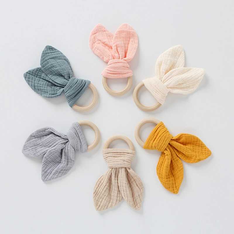 1Pc Baby Cotton Gauze Wooden Rabbit Ear Teether Towel Teething Chewing Toys Gift Newborn Baby Sleeping Toy