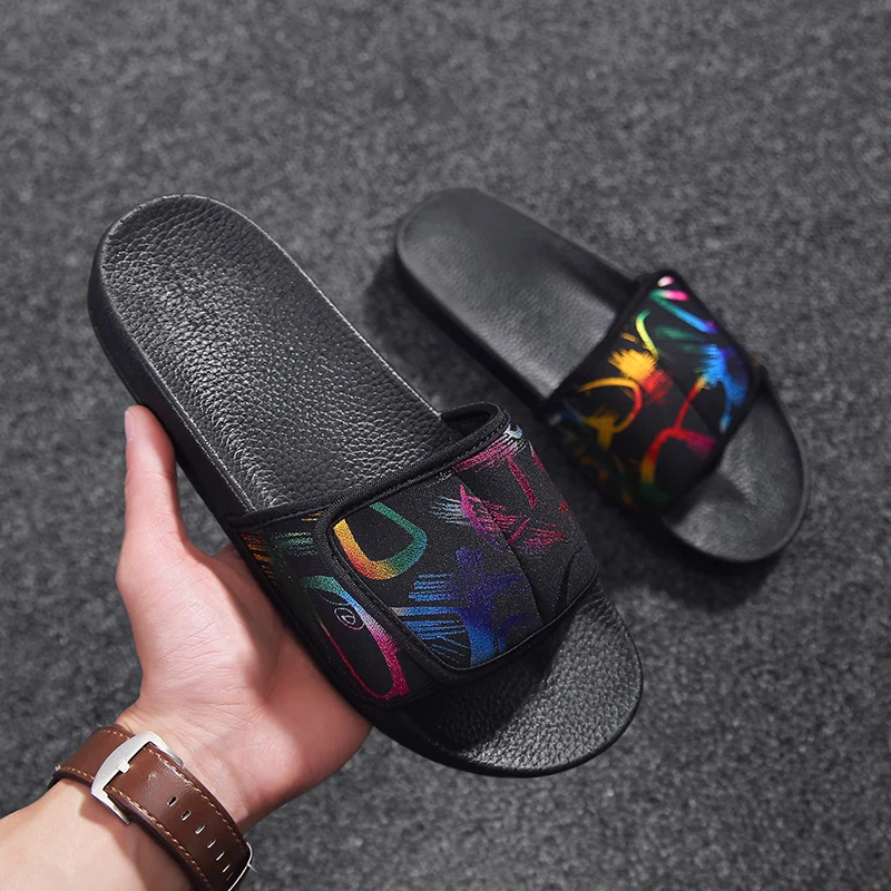 Custom Fashion Comfortable PU Soft Men Black  Footwear Slippers Sandal Slide