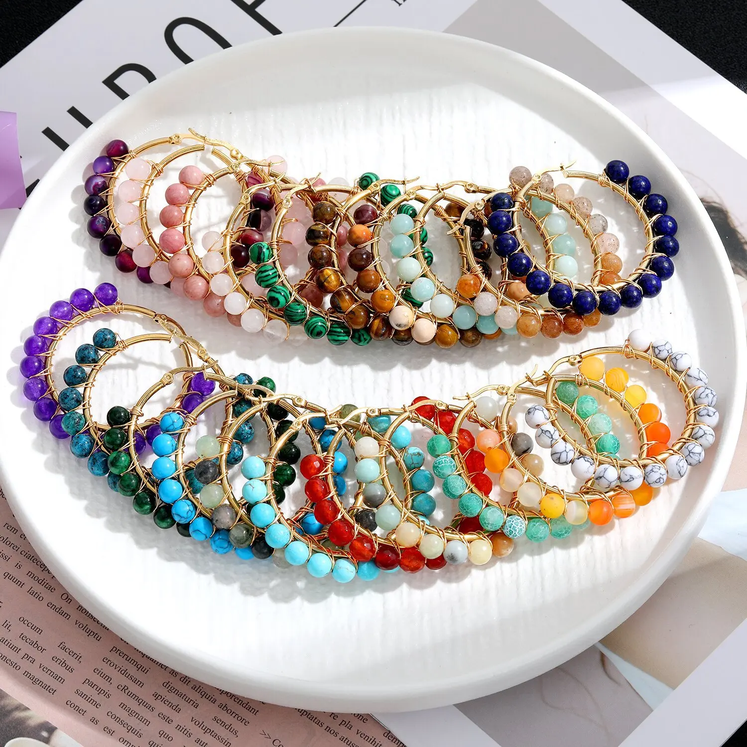 6mm Gem Stone Earrings 36mm Circle 18k Gold Plated Stainless Steel Multi Color Natural Stone Hoop Earrings with Stones