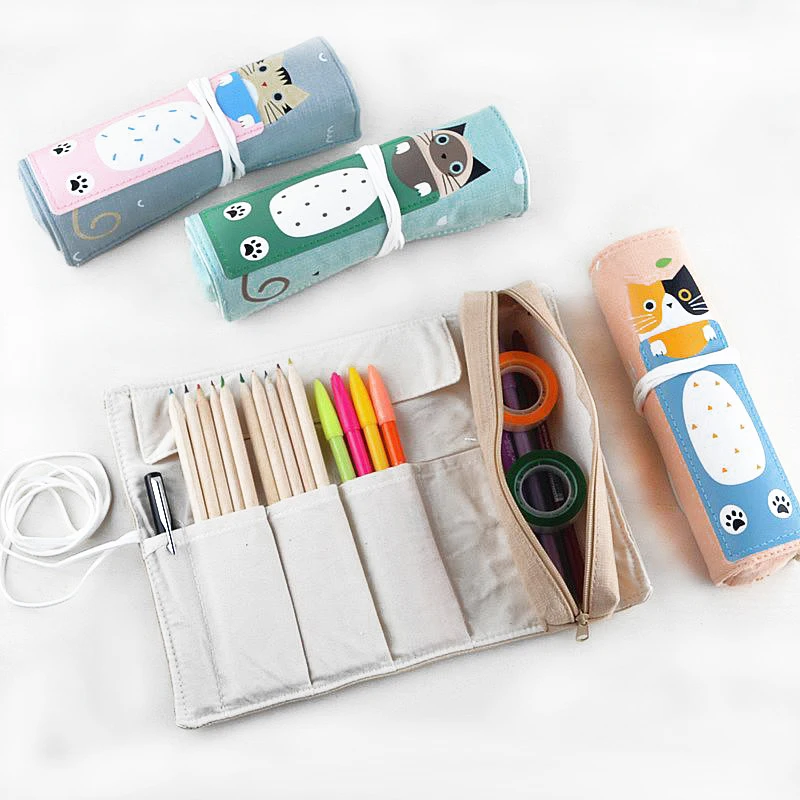 BEYOND wholesale large capacity cute cat canvas roll pencil bag sketch color pencil case for kids school girls