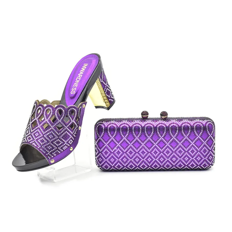 purple big heel PU leather with stones italian women party shoe and bag set designer luxury high heel 9.5CM