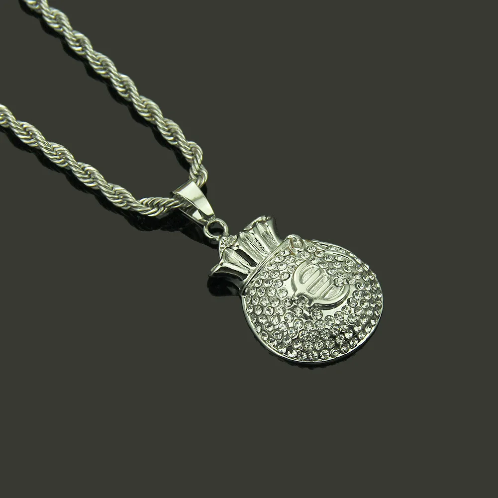 Hip Hop Style Personality Full Crystal Gold Plated Stereoscopic Euro Money Symbol Rich Bag Pendant Necklace With Rope Chain