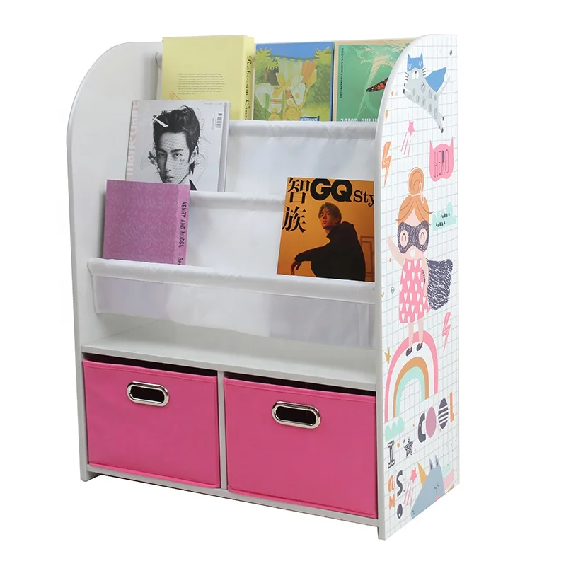 Toffy & Friends kids wooden bookcase magazine shelf with storage cubes in Super Girl design