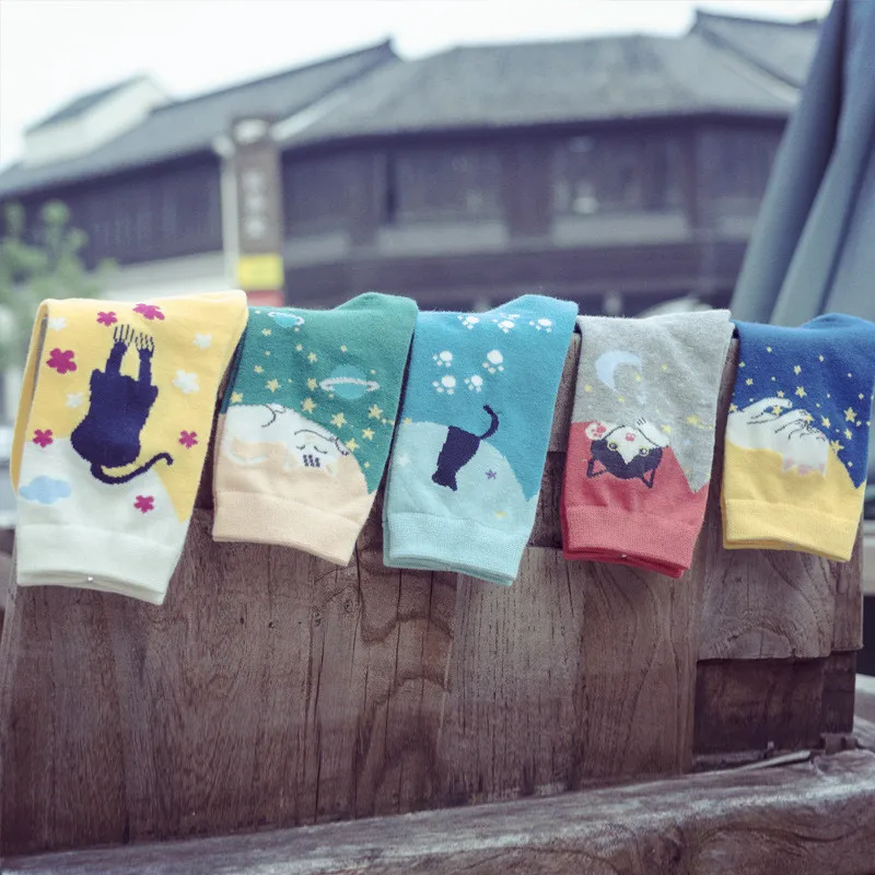 Модные новые повседневные носки из дышащего хлопка в японском стиле с изображением мультяшного кота для женщин и девочек под заказ, оптовая продажа (1600230526278)