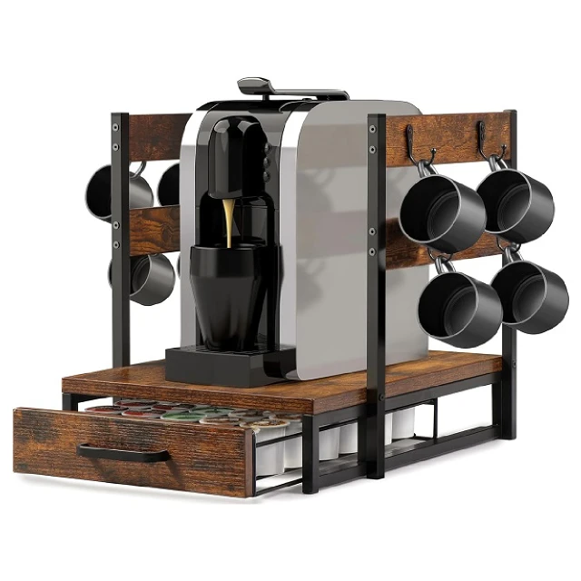 Kitchen Metal Coffee Pod Organizer with Mug Holder and Drawer Retro Wooden for Counter Coffee Maker Stand 15.5*14*12.2INCH