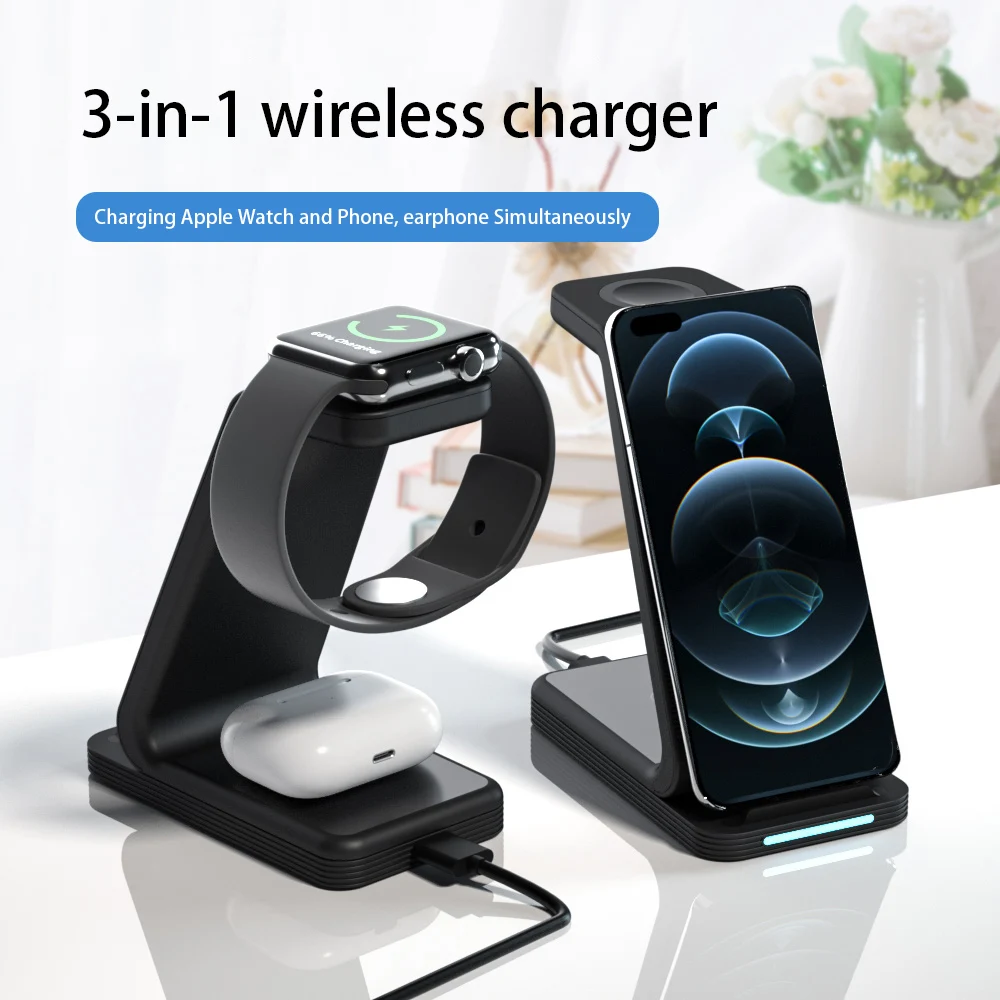 New Arrival 3 in 1 Wireless Charger 15W Fast Mobile Phone Charging Stand Holder For iPhone Wireless Charger