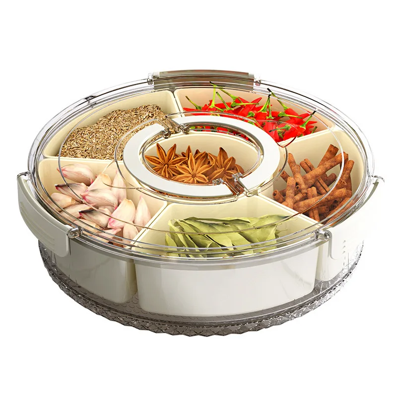 Round Divided Serving Tray With Lid And Handle Portable Snack 6 Compartment Fresh Keeping Food Storage Snack Box Container