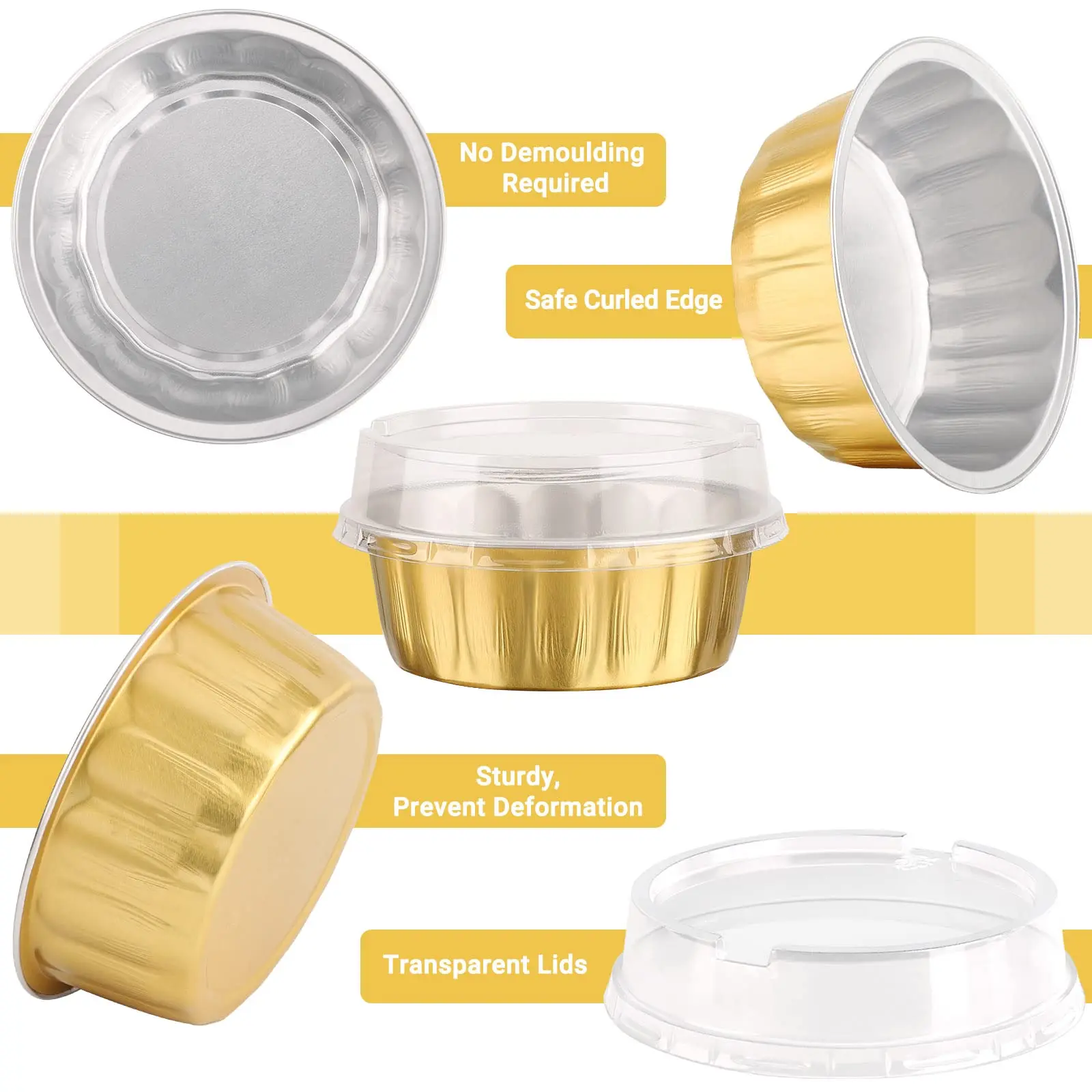 Creme Cheesecake Flan Cups Containers for Party Disposable Ramekins Gold Mini Aluminium Foil Baking Cups with Lids