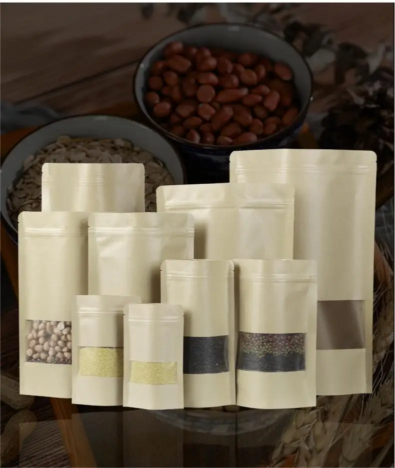Wholesale Food Grade Waterproof Ziplock Biodegradable Brown Kraft Paper Kraft Stand Up Pouch Snack Food Bag With Printing 100Pcs