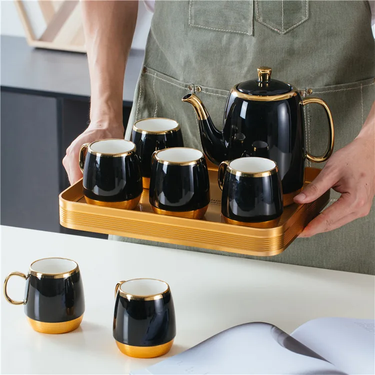 High quality black white green glazed funky gold rim porcelain coffee mug cup set luxury coffee and tea sets with teapot
