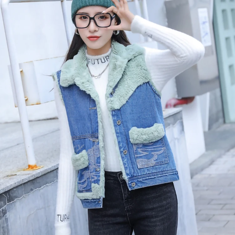 Wholesale New Design Fashion Custom Women Waistcoat Jean Jacket Casual Streetwear Denim Waistcoat Fur Jeans Vest