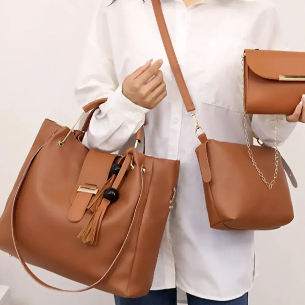 New female bag solid color fashion bead tassel bag three-piece set of large capacity hand bill shoulder bag