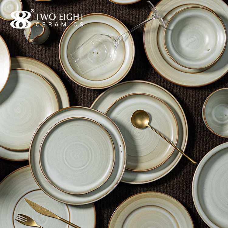 Nordic Customized Ceramic Japandi Handmade Stoneware Rustic Vintage Restaurant Tableware Hotel Dinnerware Porcelain Crockery Set