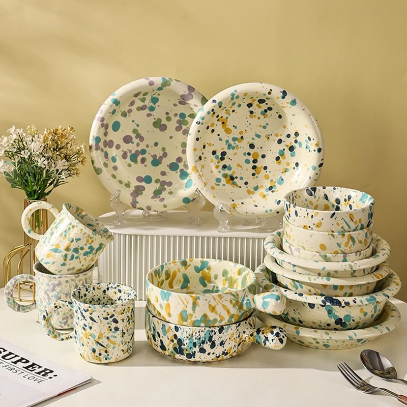 Factory wholesale unique design colorful splash-ink porcelain tableware dinner sets custom ceramic dinnerware