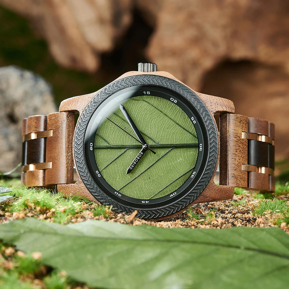 Handmade Luxury Wood Watch with Custom Logo 44mm round Dial and 22mm Band Charm Type with Pointer Display for Men