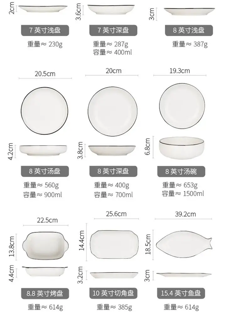 High Quality White Ceramic Plates With Black Rim Plates And Bowl Dinnerware Set For Restaurant