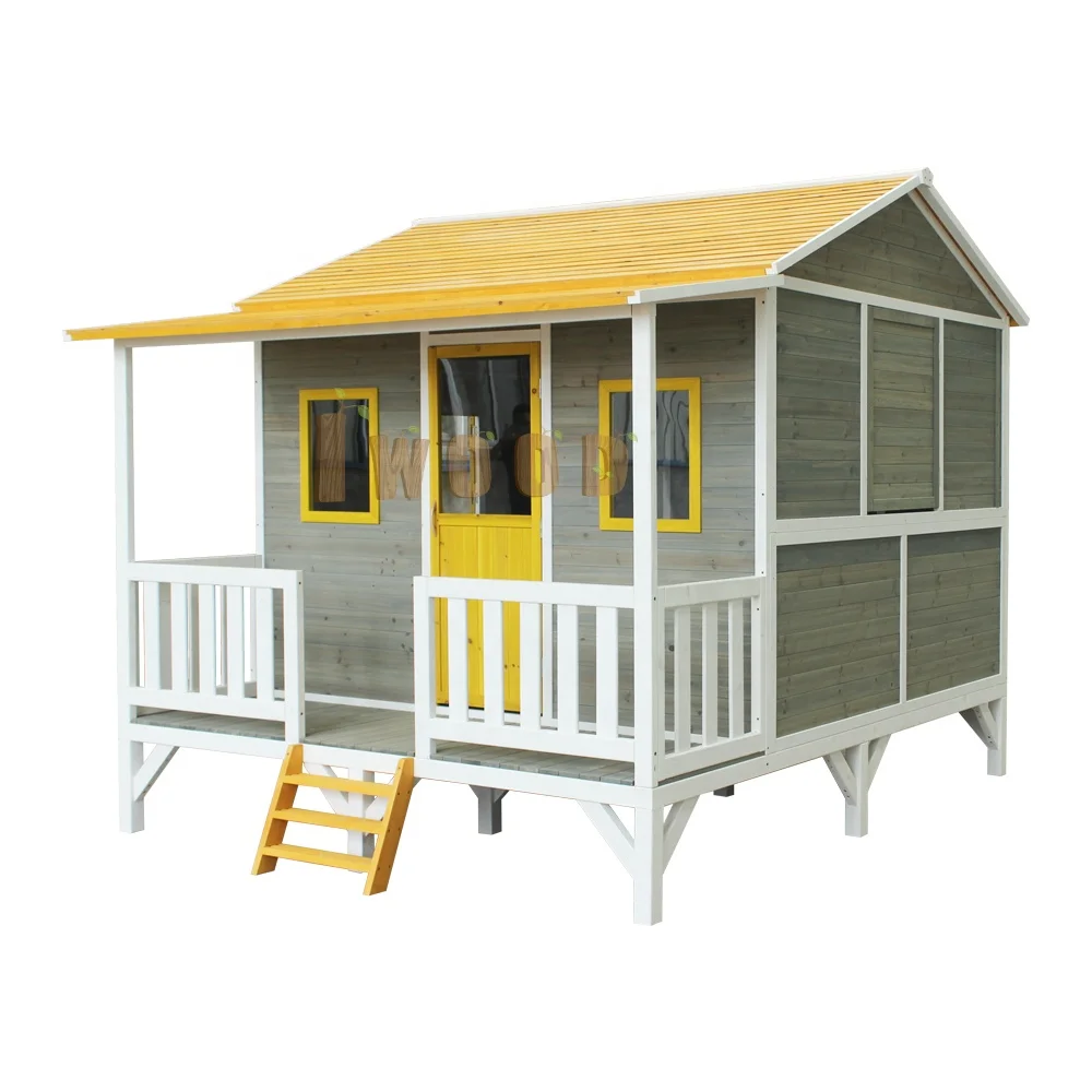 Outdoor Backyard Waterproof Large Children House Garden Wood Play House Kids Wooden Playhouse With Plastic Slide And Sandb