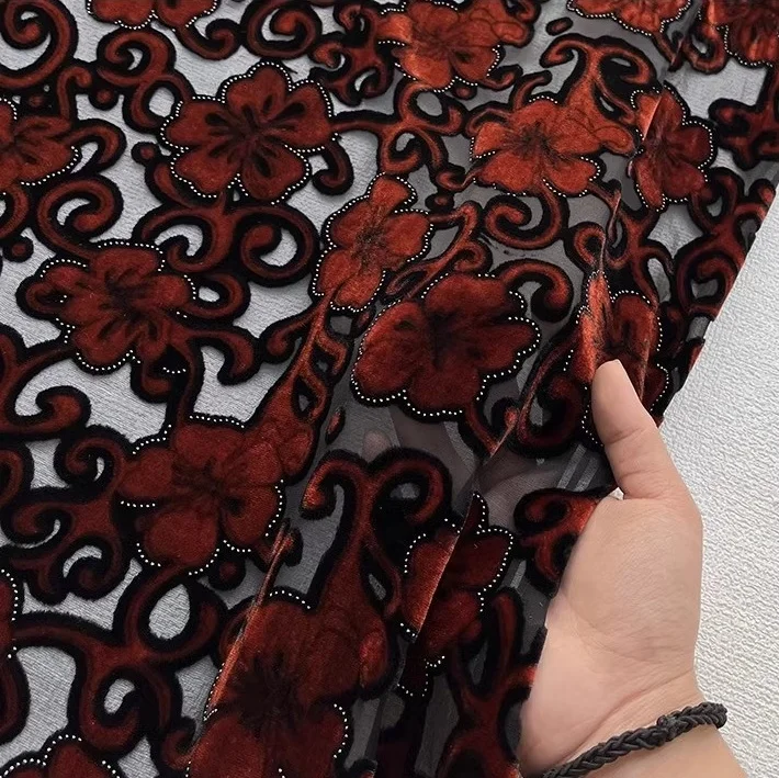 Pure mulberry silk 10mm basic ground rayon viscose burn-out velvet fabric 50g with rivets decoration for ladies nice dress,qipao