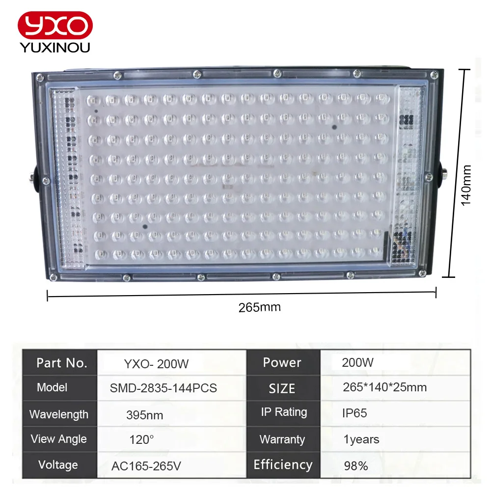 50W 100W 200W UV Black Light  Purple LED FloodLight IP65 High Waterproof 395NM Ultraviolet Flood Light
